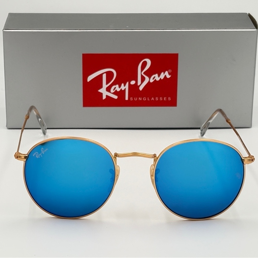 Ray-Ban Lennon Sunglasses RB3447 Round Classic Gold Frame Blue Flash Mirror - Picture 8 of 15